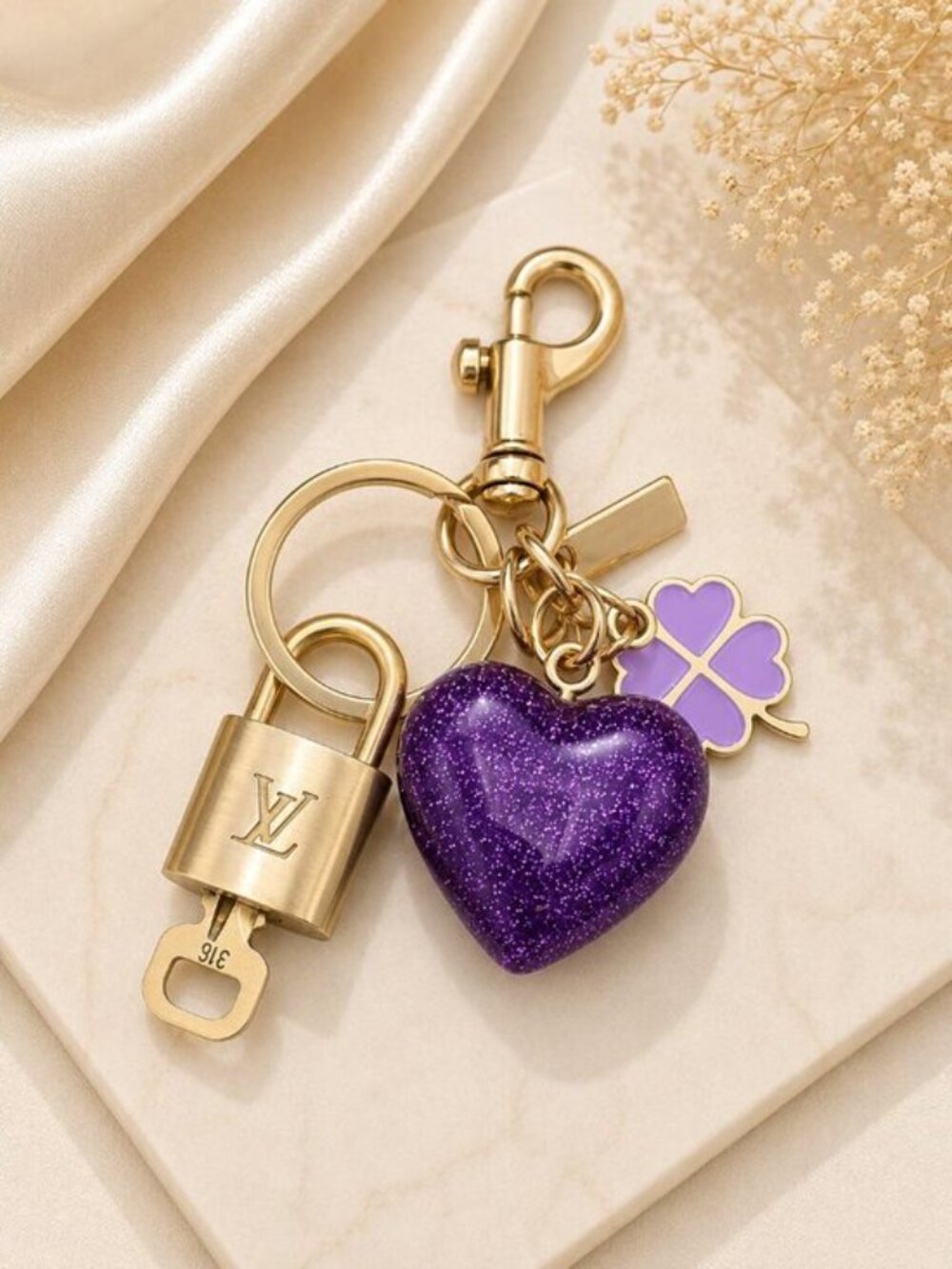 Authentic Louis Vuitton Gold Padlock 🔒Shiny LV Key + Unbranded Heart Bag Charm